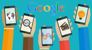 doodle of hands holding mobile devices with google overhead
